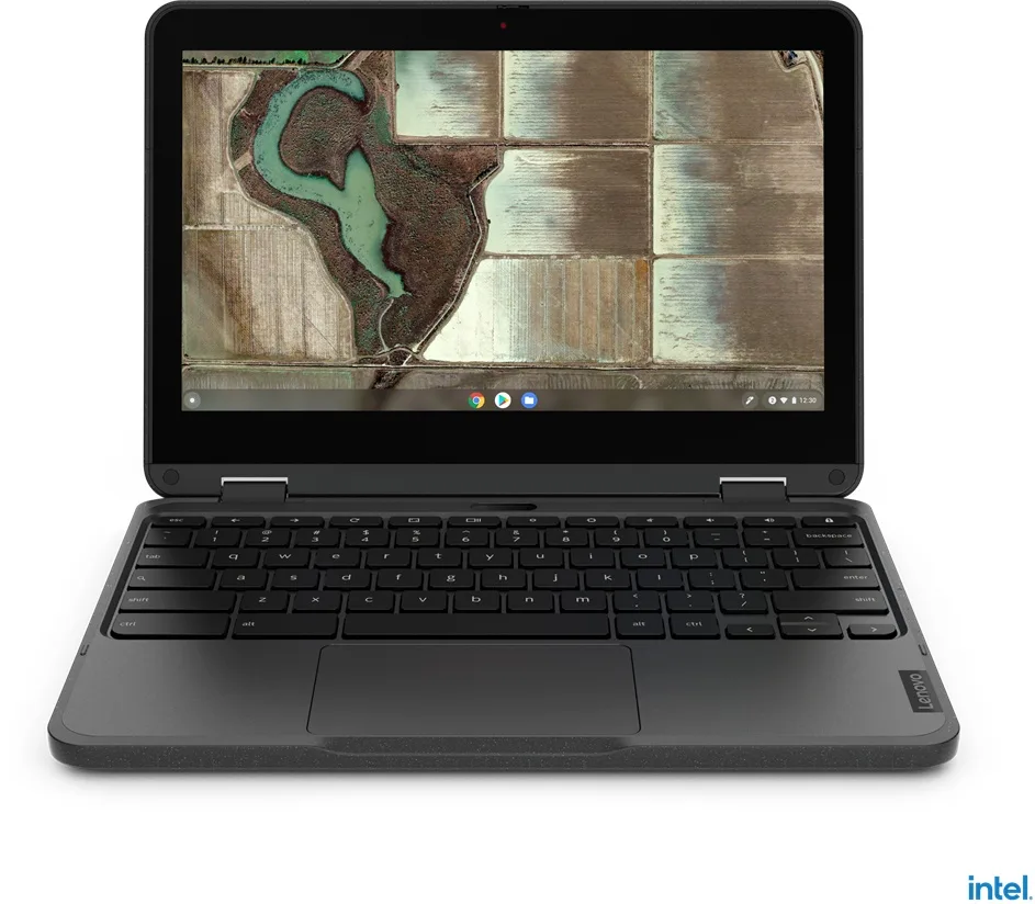 Lenovo 500e Chromebook Gen 3 — opengeklapt, zwarte behuizing.